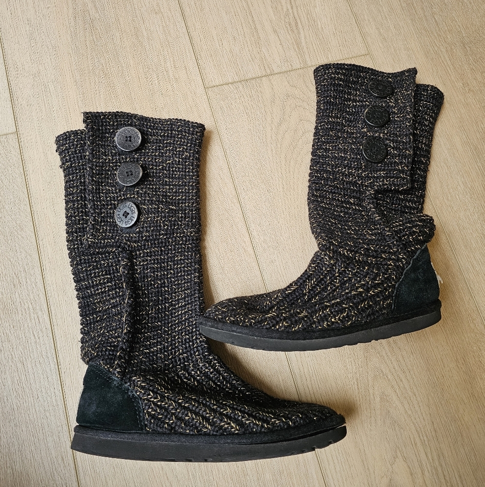 UGG VTG y2k Classic Cardy Black Gold Metallic Tall Button Knit Boots - Picture 8 of 9